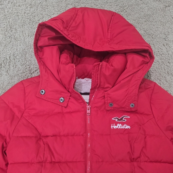 Hollister Puffer Jacket Bright Red Paradise Cove Sherpa Lined Coat Size Medium - Picture 2 of 5